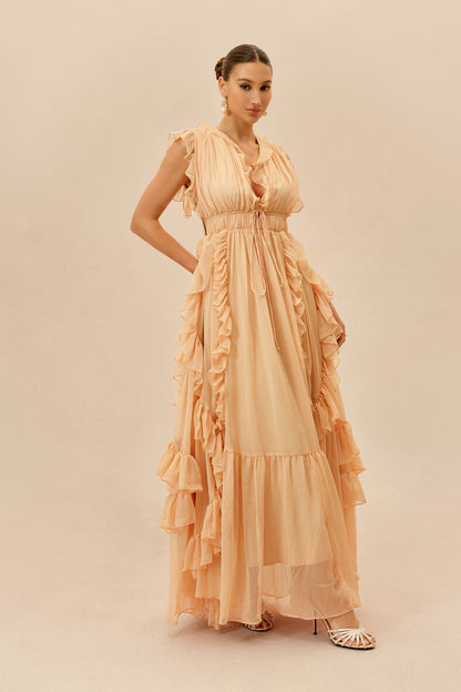 Pink Deep V Tiered Ruffle Chiffon Maxi Dress - view 5