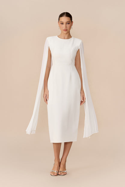 White pleated cape sleeve midi dress - view 4