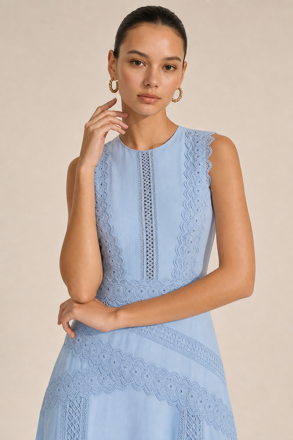 Light Blue Cotton Sleeveless Midi Dress - view 3