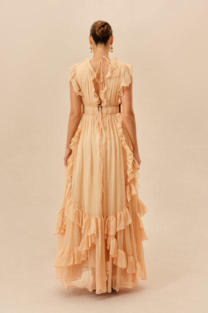 Pink Deep V Tiered Ruffle Chiffon Maxi Dress - view 4