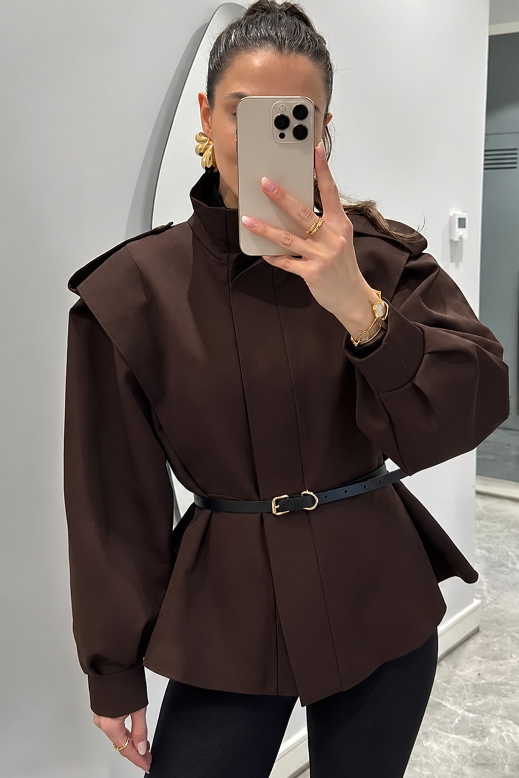 Polyester Trench Coat Cropped With Waist Cinch - 9