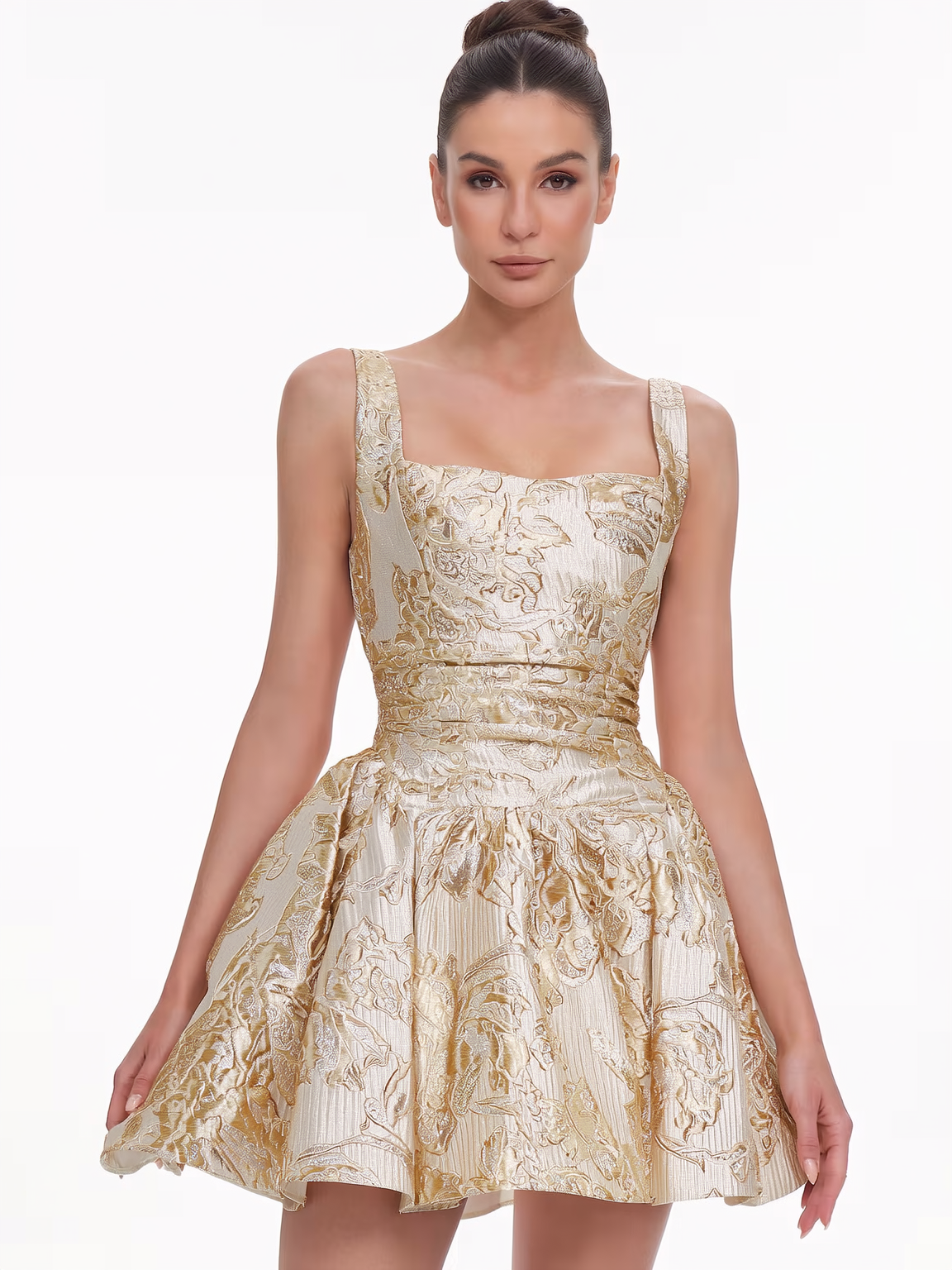 Beige textured floral mini dress with ruched square neck - view 3