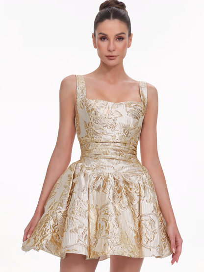 Beige textured floral mini dress with ruched square neck - view 3
