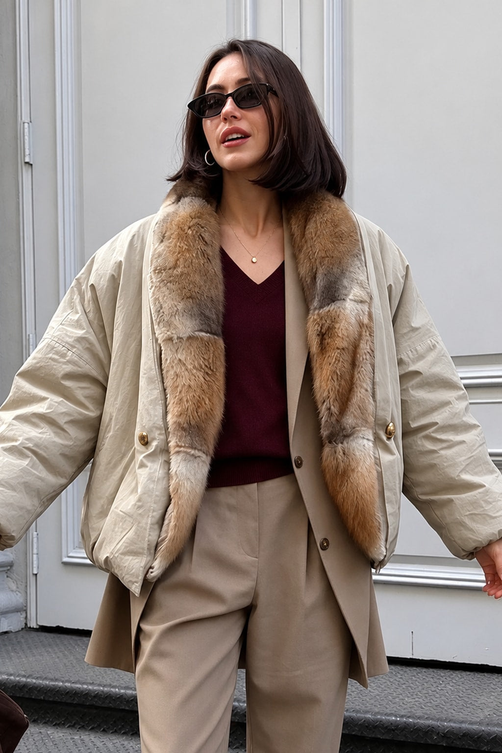 Blended Puffer Jacket Faux Fur Collar Oversized - 4