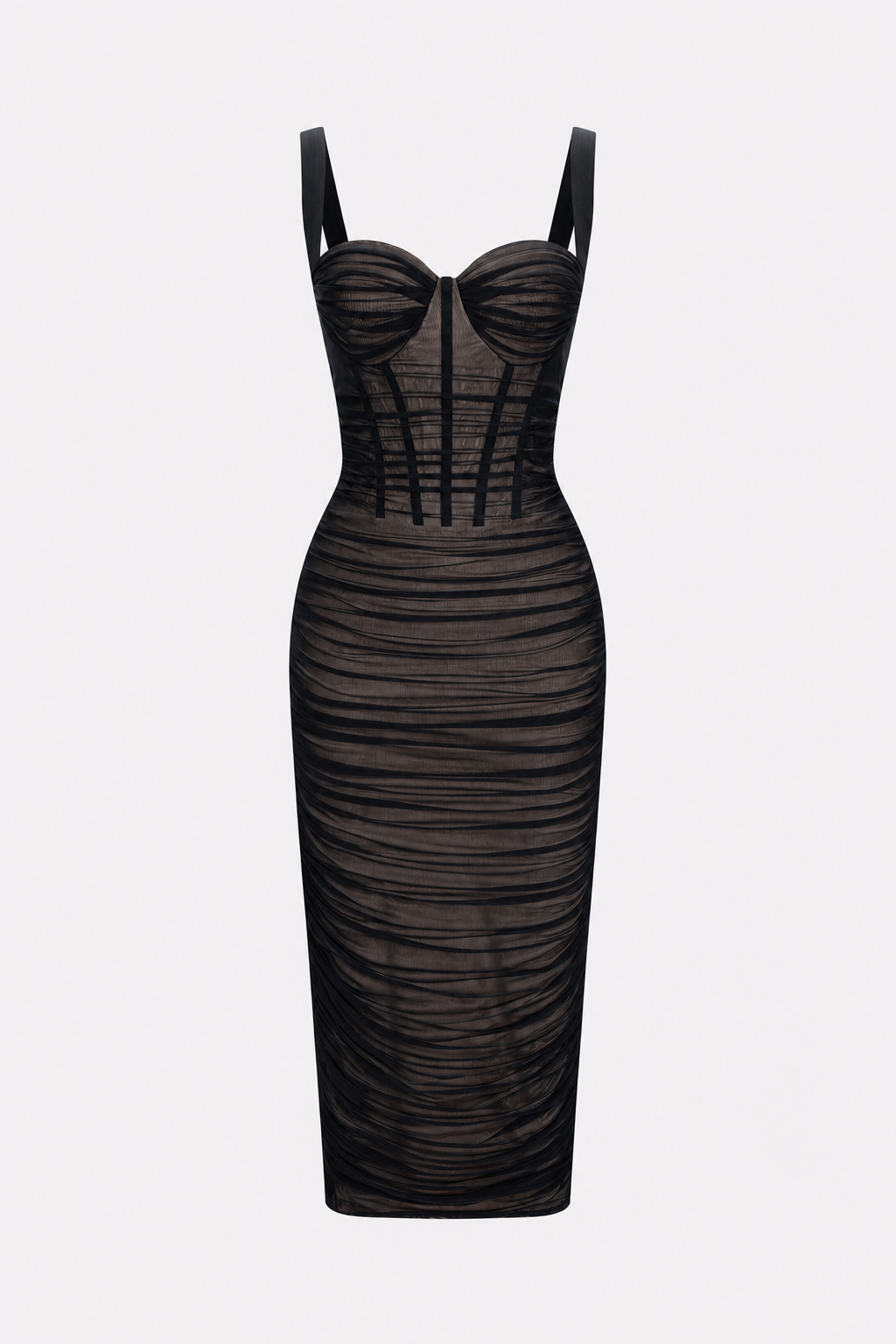 Ruched Bustier Mesh Midi Dress