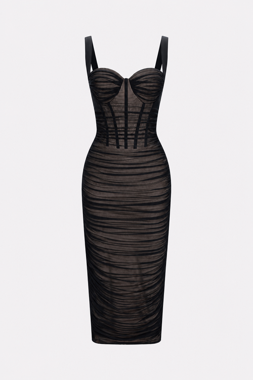 Ruched Bustier Mesh Midi Dress