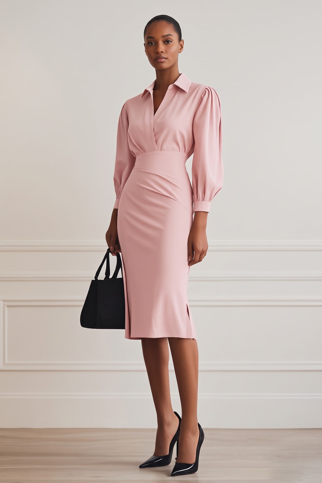 Polyester Ruched Shirt-Collar Two-Piece Skirt Set - 7