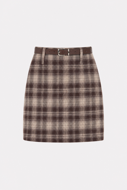 Coffee Plaid Straight Mini Skirt