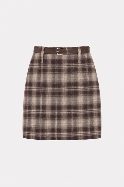 Coffee Plaid Straight Mini Skirt