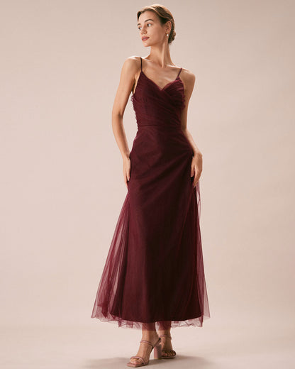 Wine red V-neck mesh maxi dress - view 2