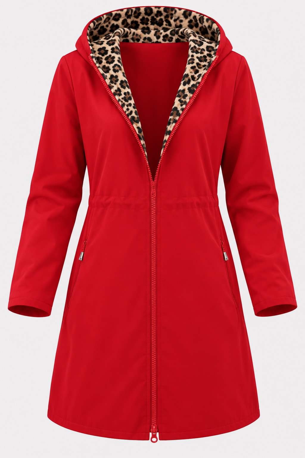 Polyester Jacket Hooded Leopard Print Zipper Long Coat - 1