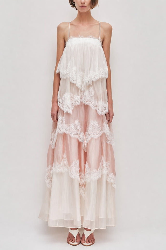 Pink Chiffon Lace Backless Tiered Maxi Dress - 2