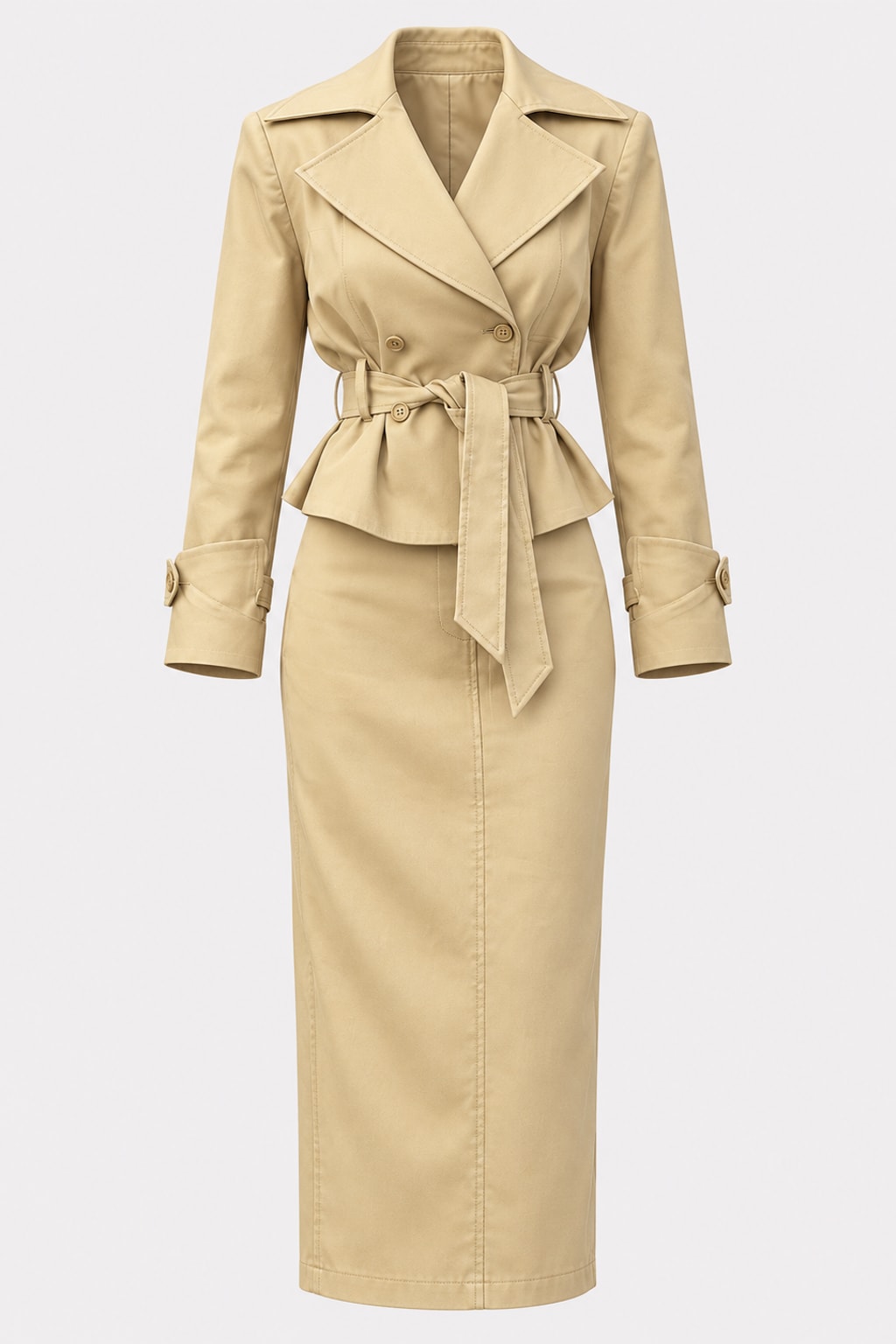 Khaki two-piece set with a cropped double-breasted trench jacket with a tie belt and a pencil maxi skirt