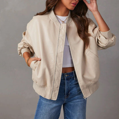 Faux Leather Bomber Jacket with Stand Collar - view 3