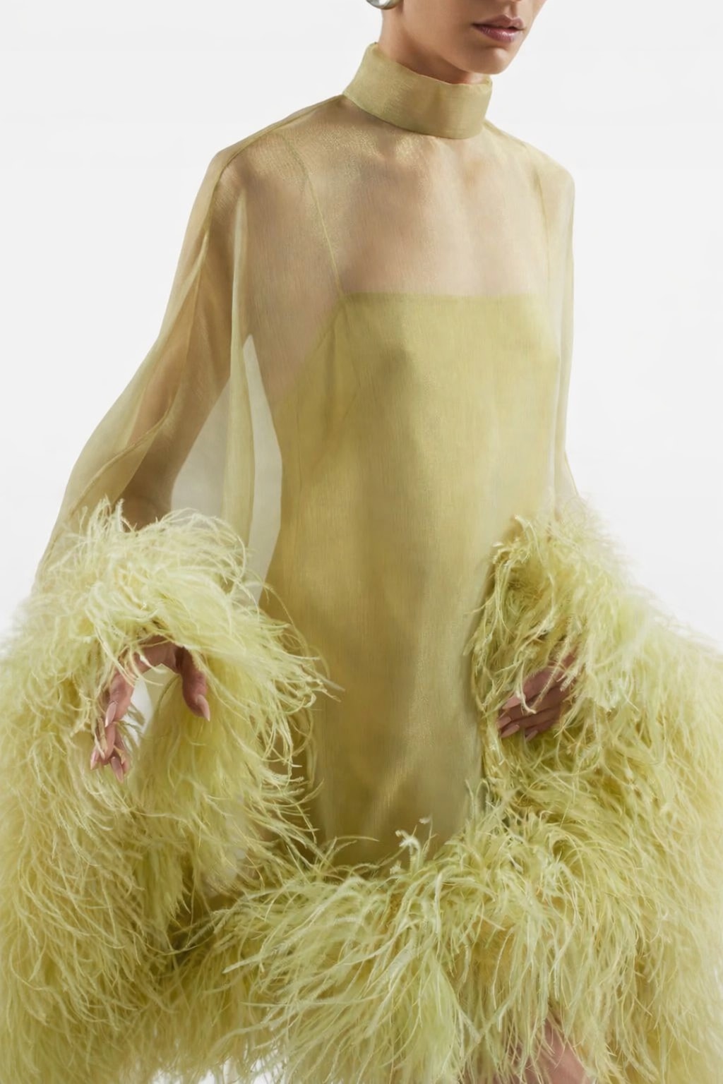 Tulle Maxi Dress With Feather Trim And High Neck Cape - 4