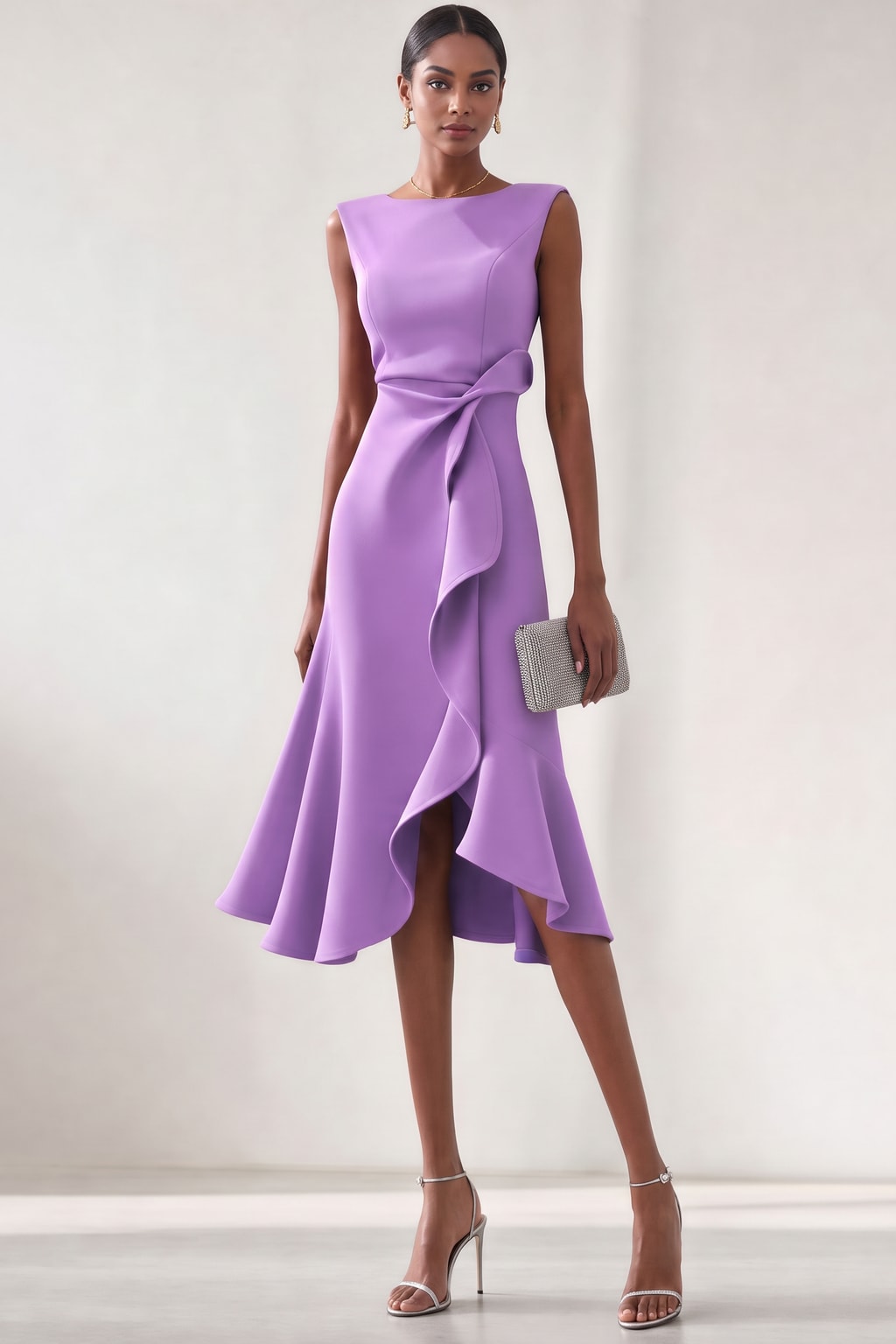 Satin Midi Dress With Asymmetric Draped Detail - 7