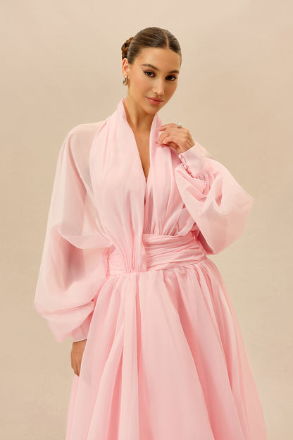 Pink V-neck puff sleeve organza maxi dress - view 3