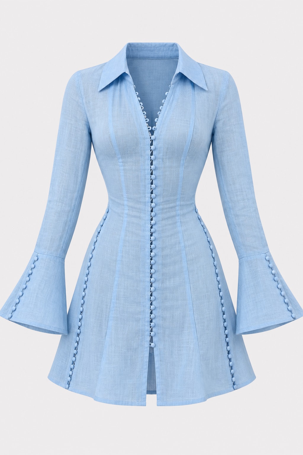 Pale blue collared A-line mini dress with rows of self-covered buttons down the front, side seams and flared cuffs