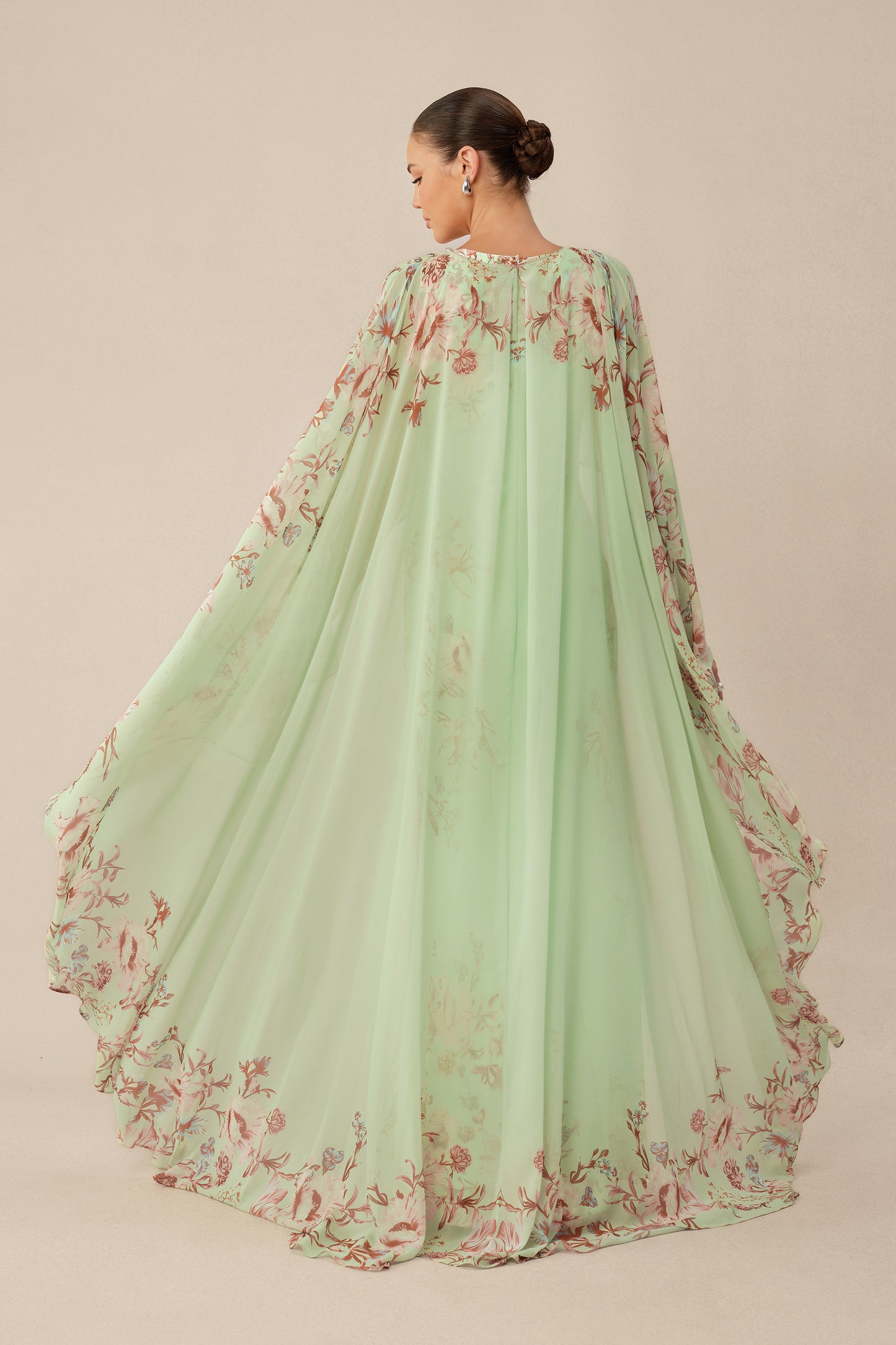 Green floral maxi dress with chiffon cape overlay - view 5