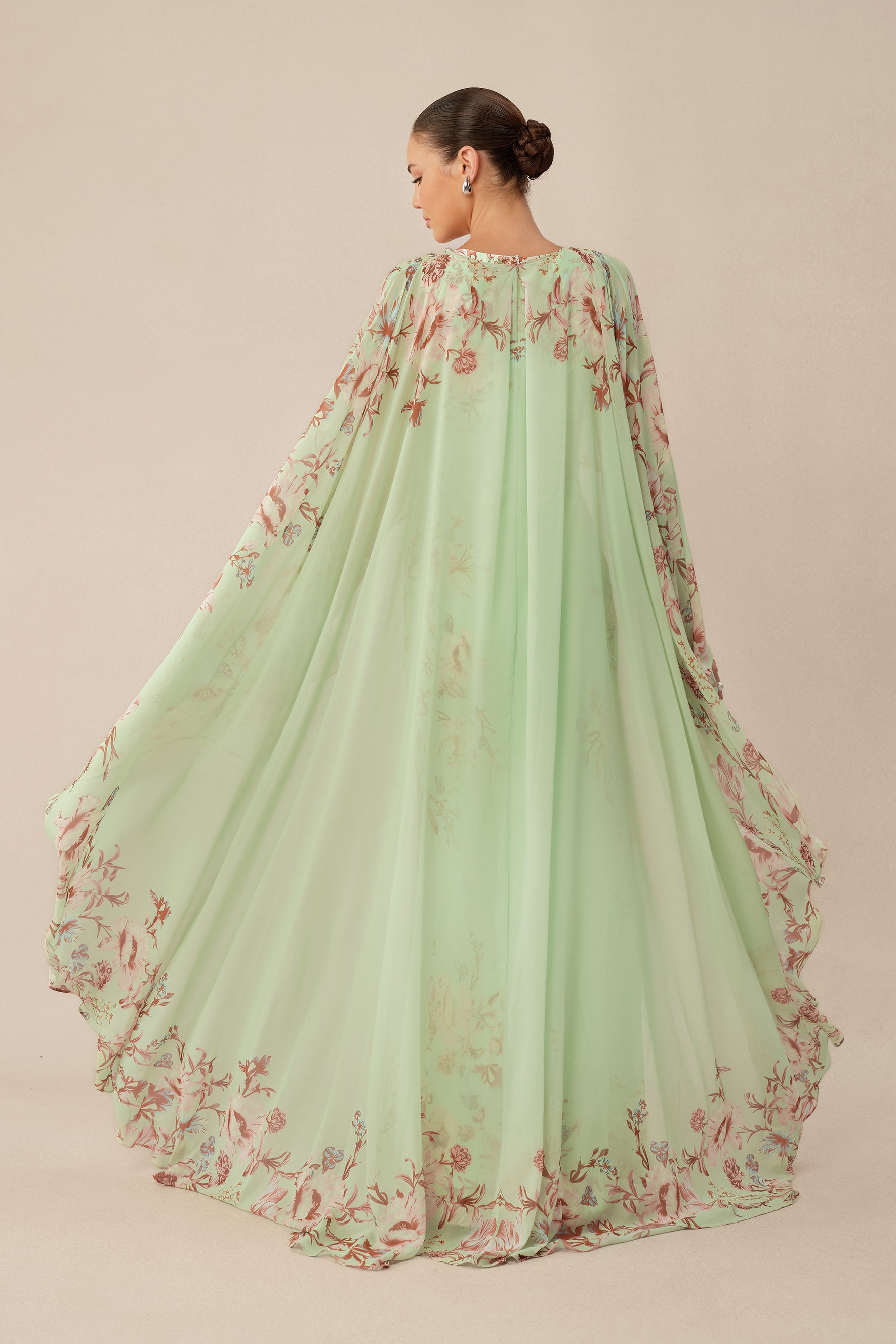 Green floral maxi dress with chiffon cape overlay - view 5