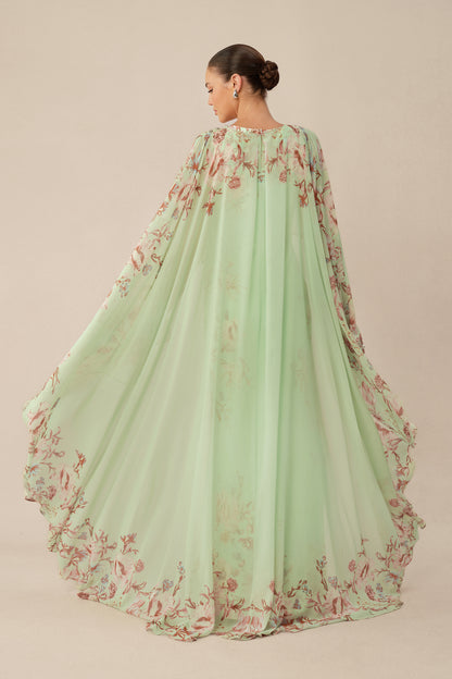 Green floral maxi dress with chiffon cape overlay - view 5