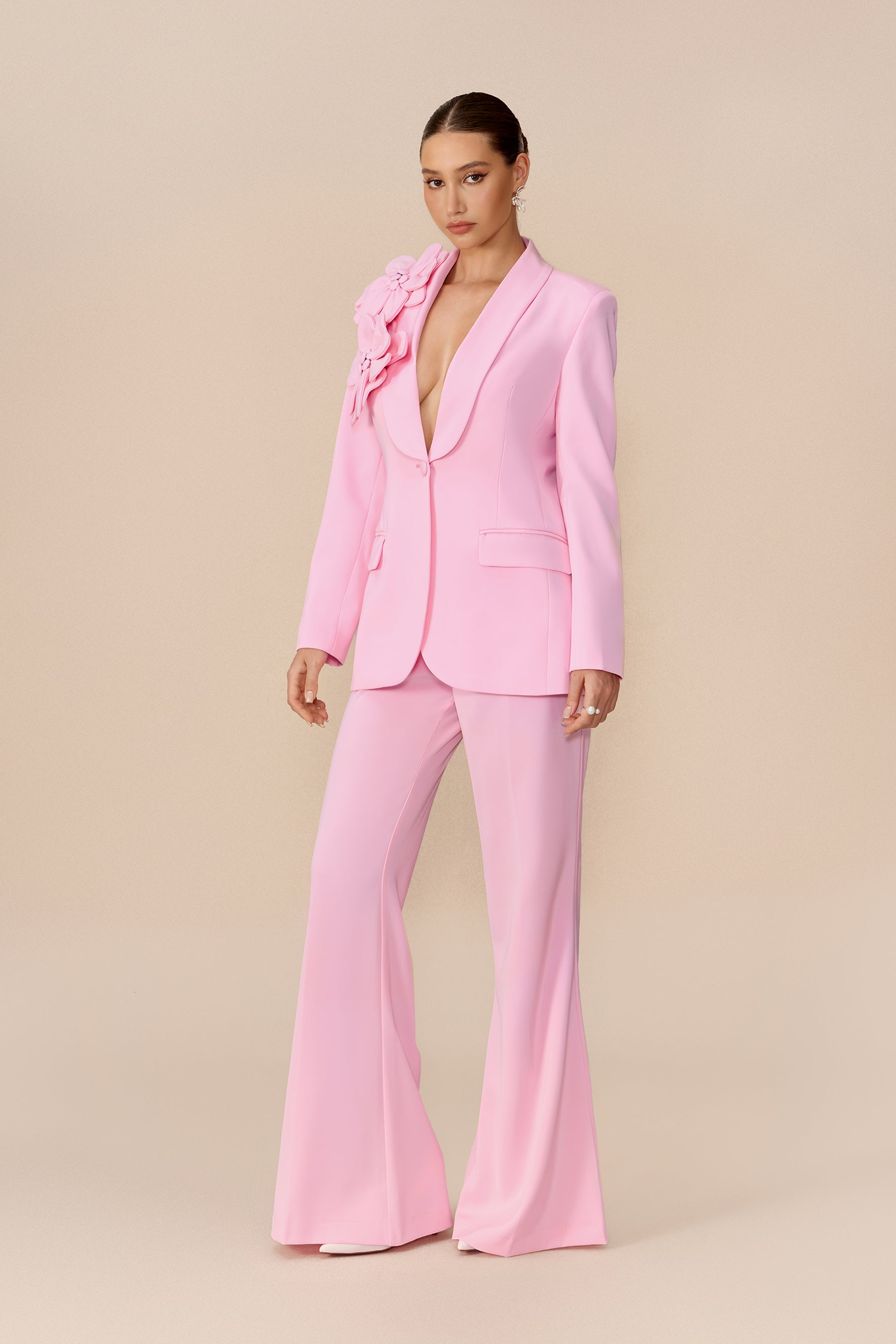 Floral Applique Blazer and Flare Pants Set - view 6