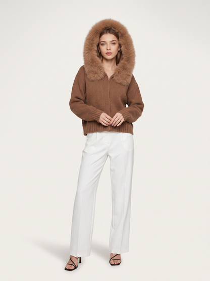 Wool jacket with faux fur-lined hood - view 9