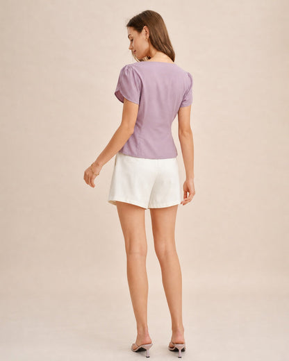 Purple square neck petal sleeve cotton blouse - view 5