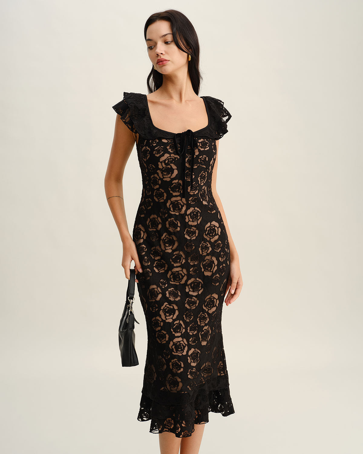 Textured Mermaid Midi Dress in Black - view 5