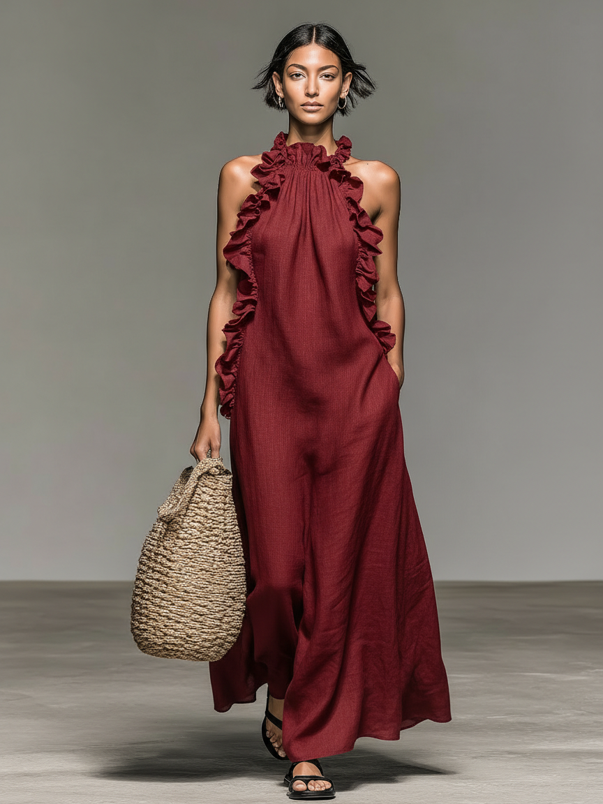 Sleeveless Maxi Dress with Ruffle Trim and Pockets - view 6