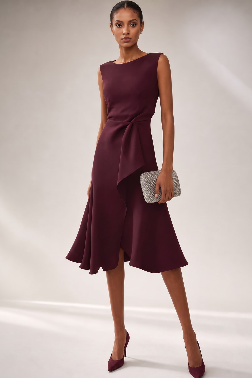 Satin Midi Dress With Asymmetric Draped Detail - 13