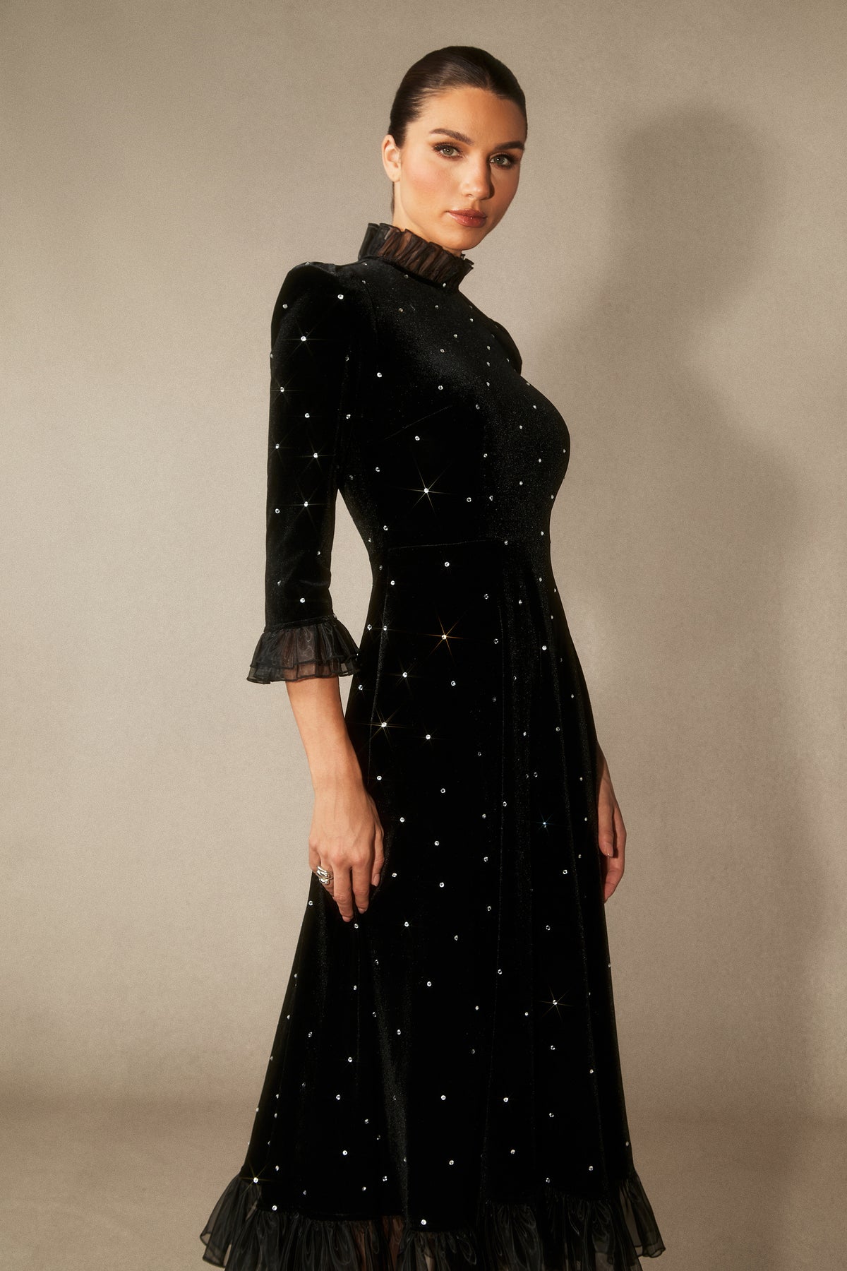 Black velvet diamante ruffle maxi dress - view 3