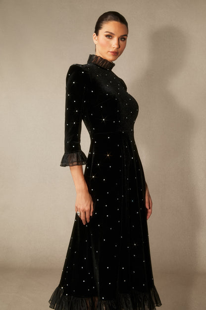Black velvet diamante ruffle maxi dress - view 3