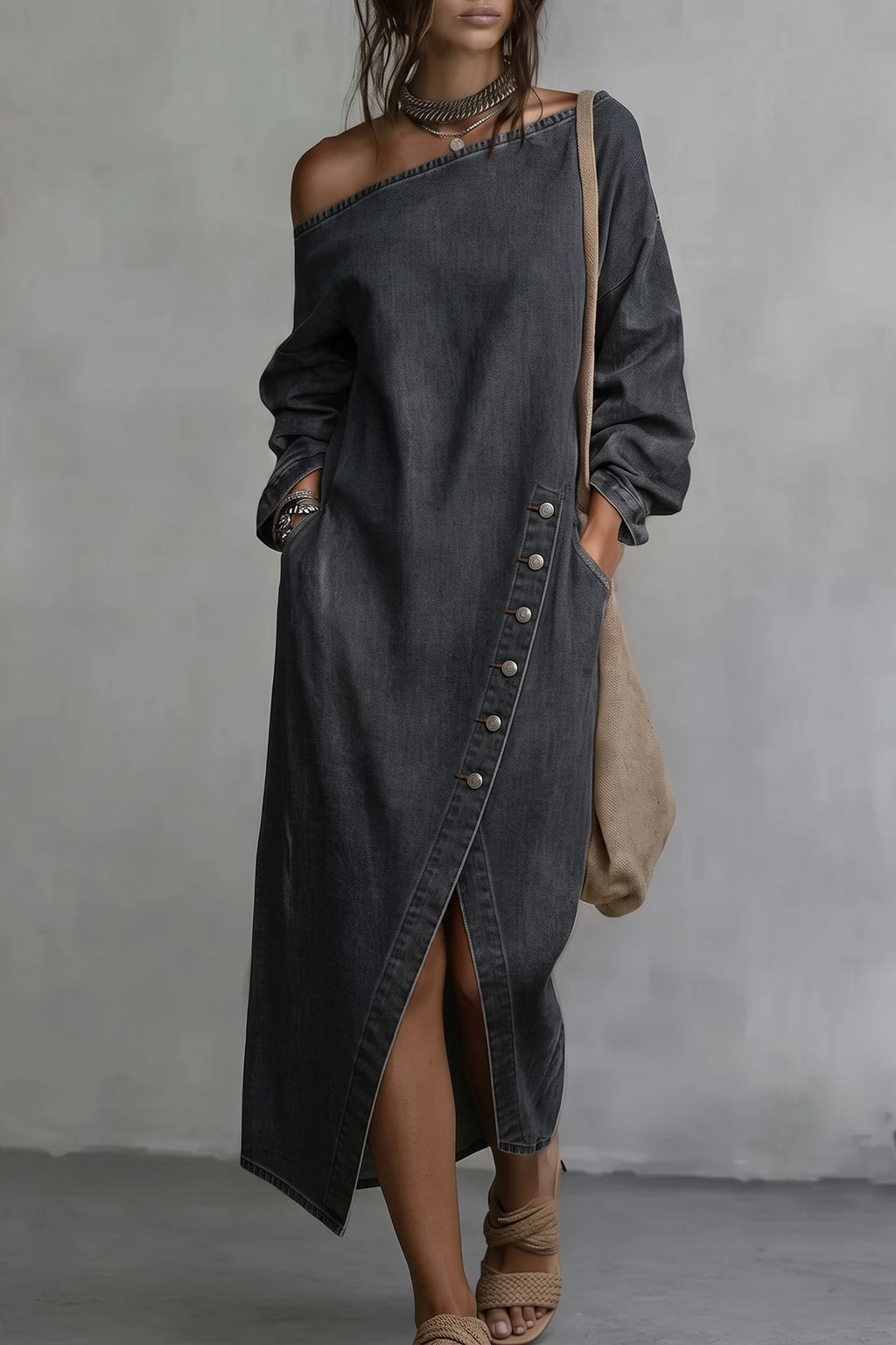 Denim Midi Dress With Off-Shoulder Neckline - 4