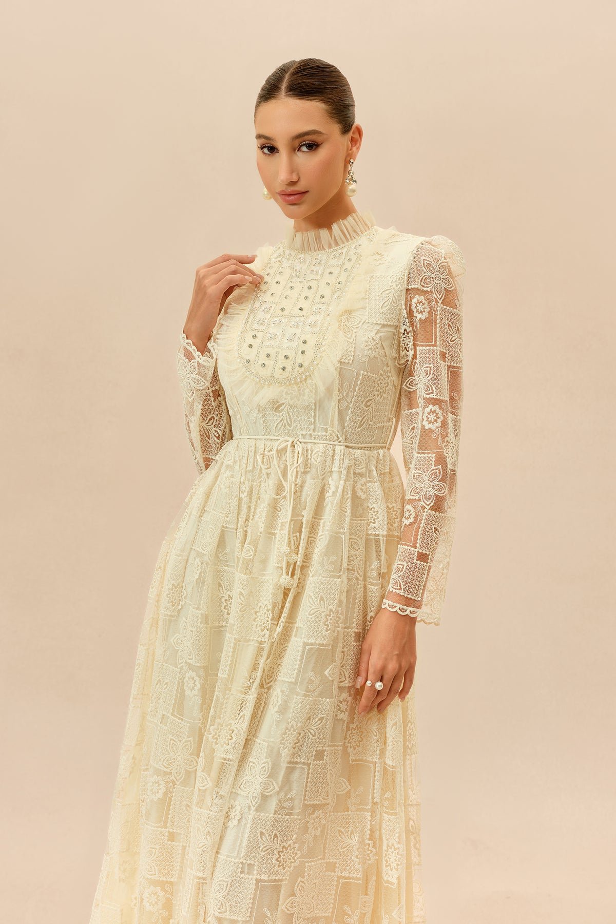 Beige Floral Lace Maxi Dress, Drawstring Waist - view 3