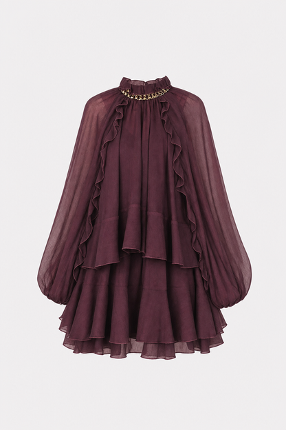 Tiered Ruffle Chiffon Mini Dress, Long Sleeve - view 10