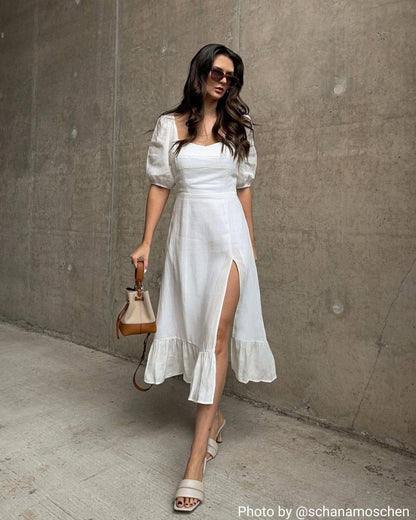 Puff Sleeve Split Hem Cotton Linen Midi Dress - view 2