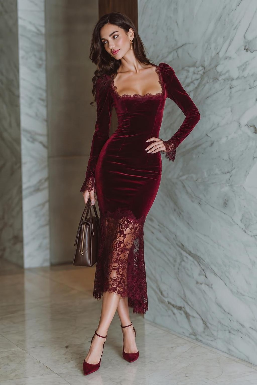 Velvet Midi Dress With Lace Trim - 2