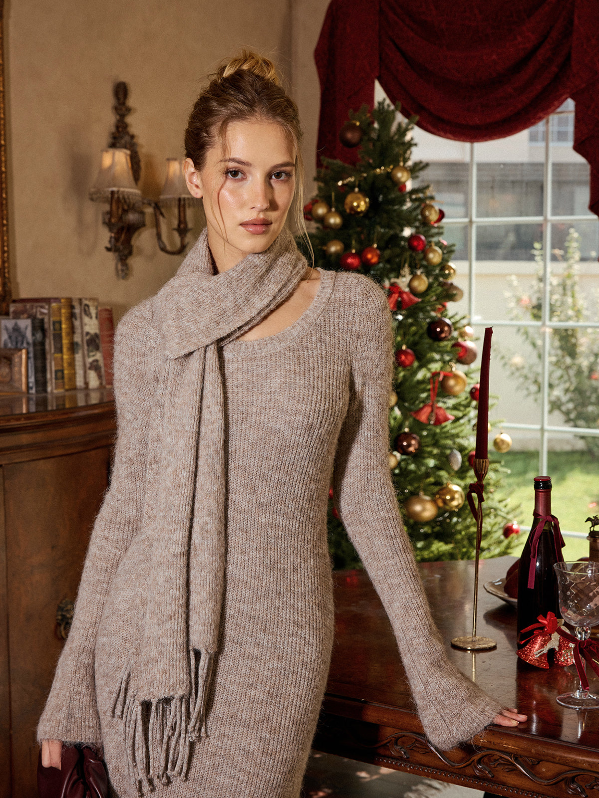 Knit Sweater Midi Dress With Scarf - view 3