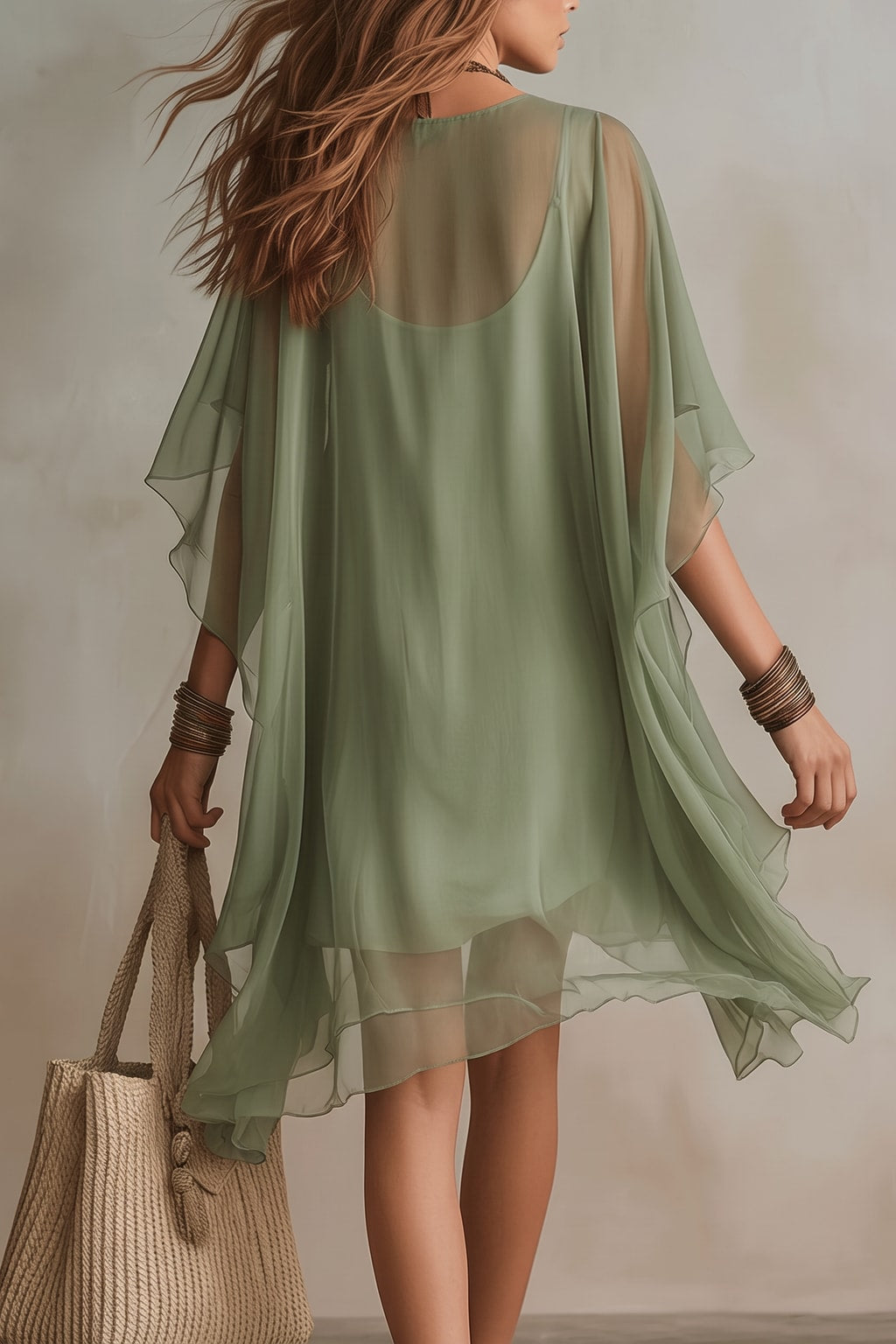 Chiffon Mini Dress With Flowing V-Neck Hem - 4