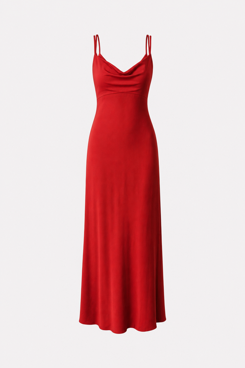 Red cowl neck maxi dress with tie waist