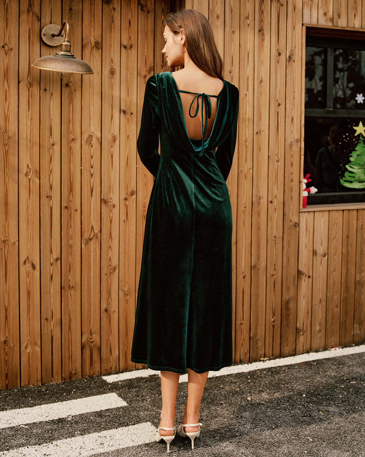 Green velour boat neck midi dress - view 5