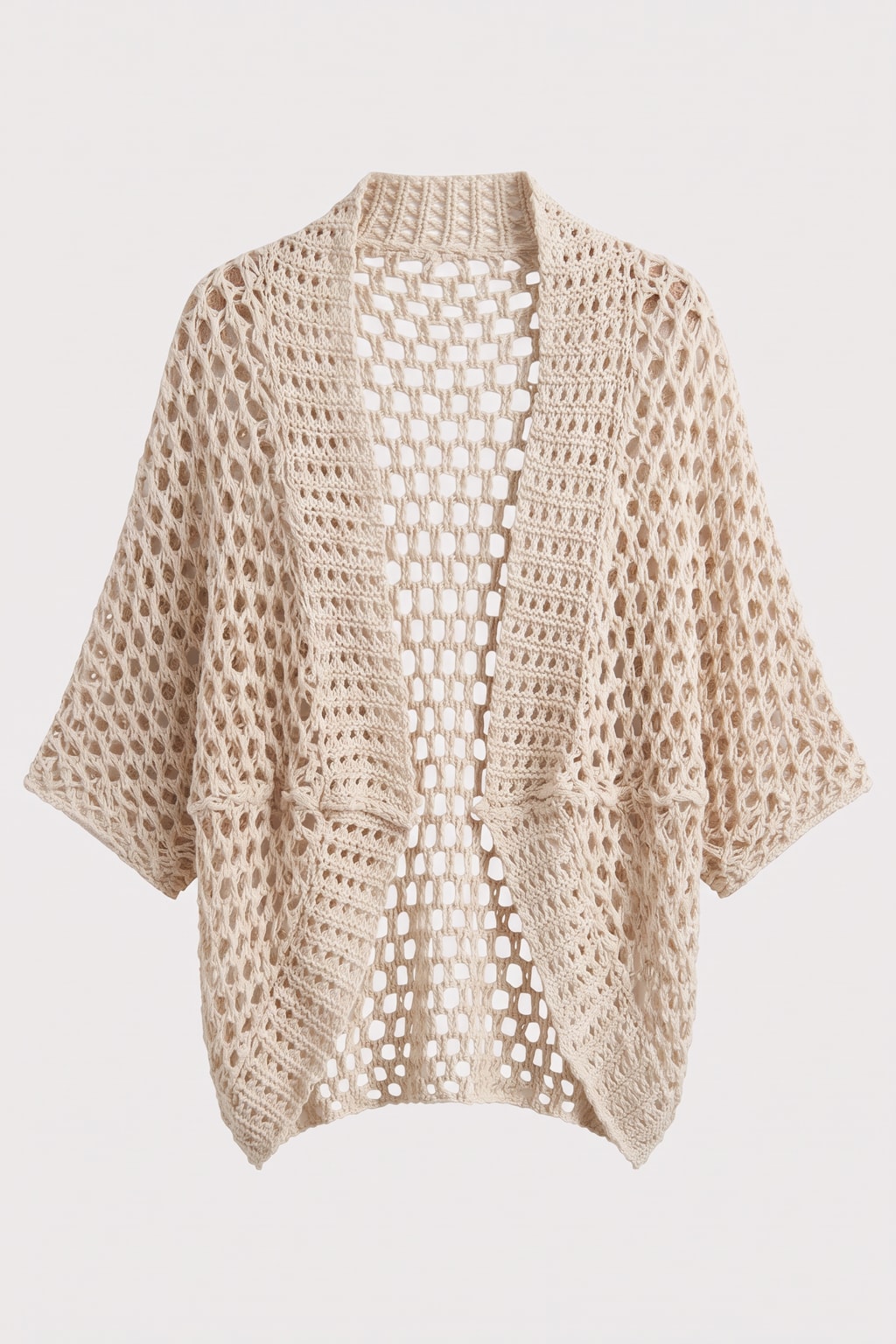 Beige Open-Knit Cardigan With Draped Front - 1