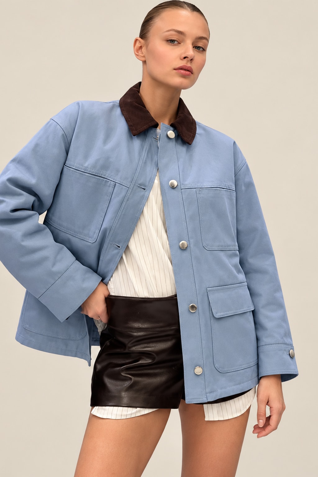 Cotton Blend Jacket Loose Fit Casual Blue - 7