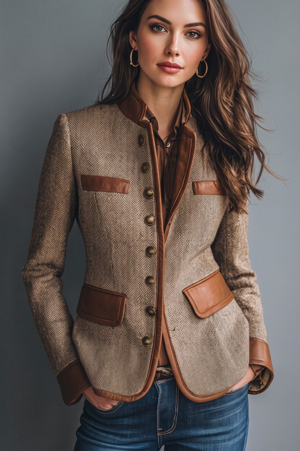 Timeless Brown Tweed Jacket with Faux-Leather Trim - 4