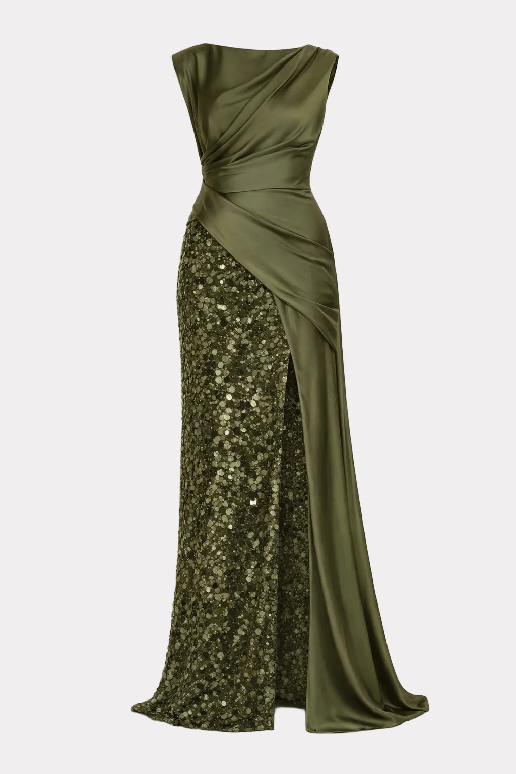 Satin Sequin Maxi Dress with Ruched Waist and Boat Neck - 1