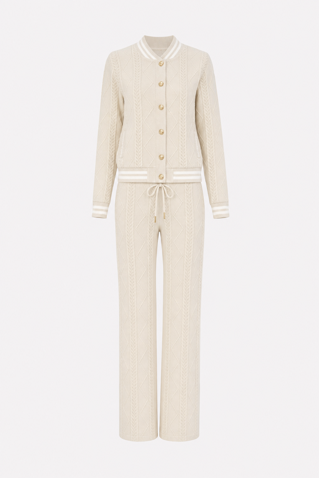 Apricot Cable-Knit Crop Cardigan and Pants Set