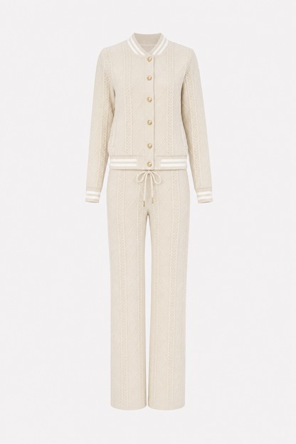 Apricot Cable-Knit Crop Cardigan and Pants Set