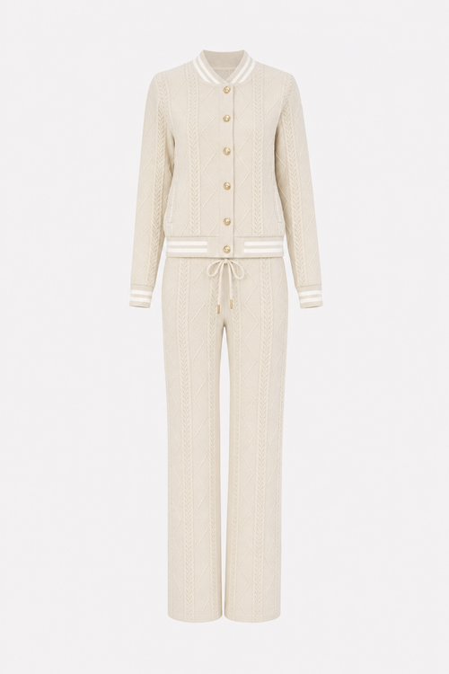 Apricot Cable-Knit Crop Cardigan and Pants Set