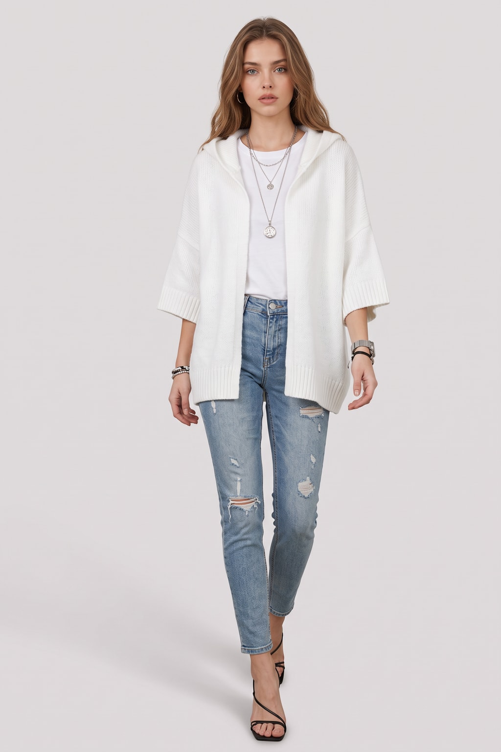Cozy Knit Cardigan with Hooded Open Front - 6